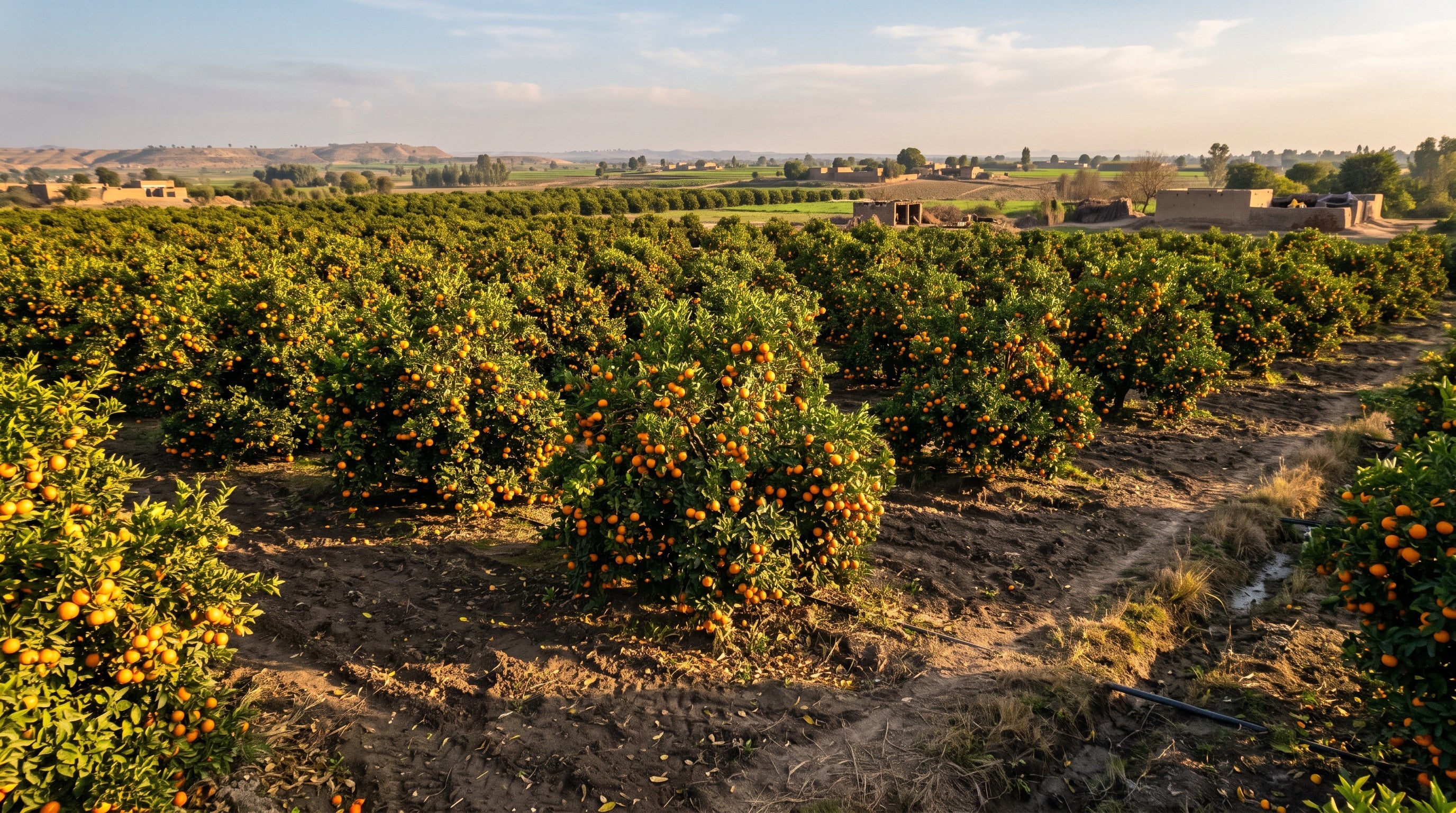 Mature Kinnow orchards in Bhalwal, Sargodha at golden hour