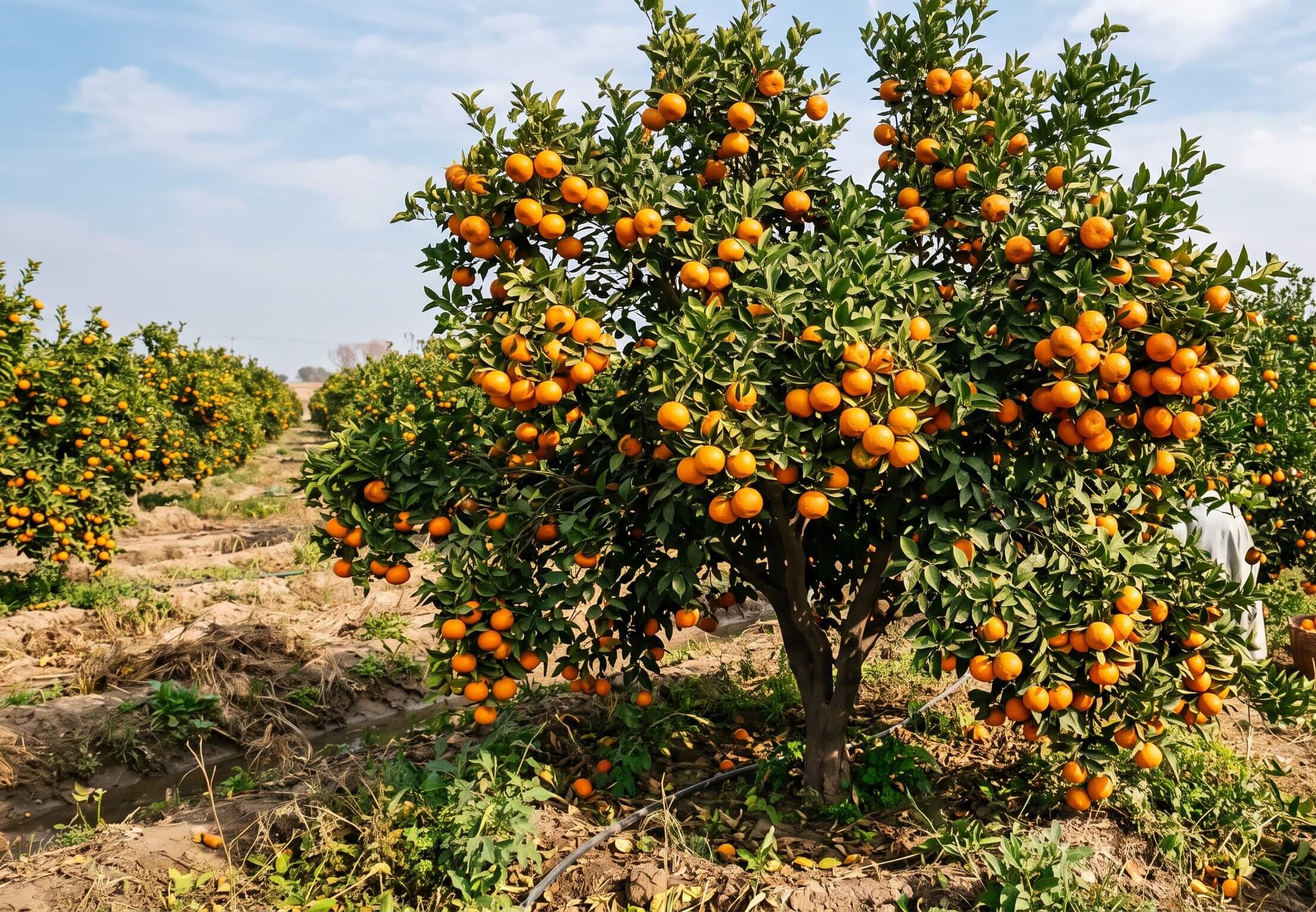 A mature Kinnow tree heavy with fruit in the Bhalwal orchard